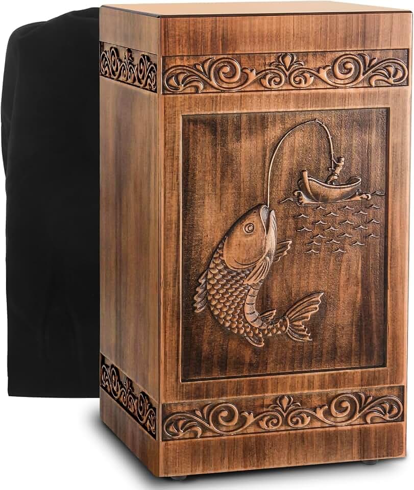Wooden Urn for Ashes Adult Male Female, Cremation Urns for Human Ashes Adult Men Women, Decorative Burial Funeral Memorial Fishing Urns for Ashes, Urn Box Holds 250 Cubic Inches (Fishing)