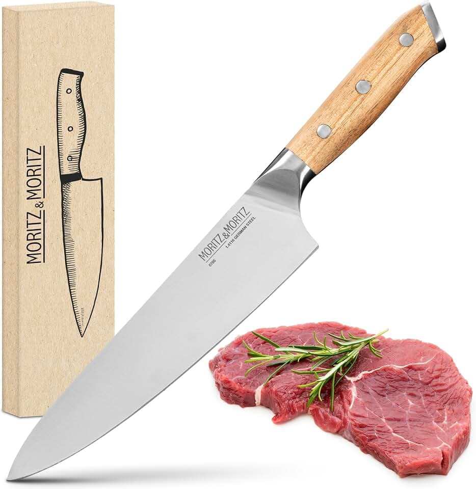 Moritz & Moritz Kochmesser 20 cm - Profi Küchenmesser - Hochwertiges Allround Messer scharf - Chefmesser mit ergonomischem Griff aus Akazienholz - Allzweckmesser aus deutschem Messerstahl