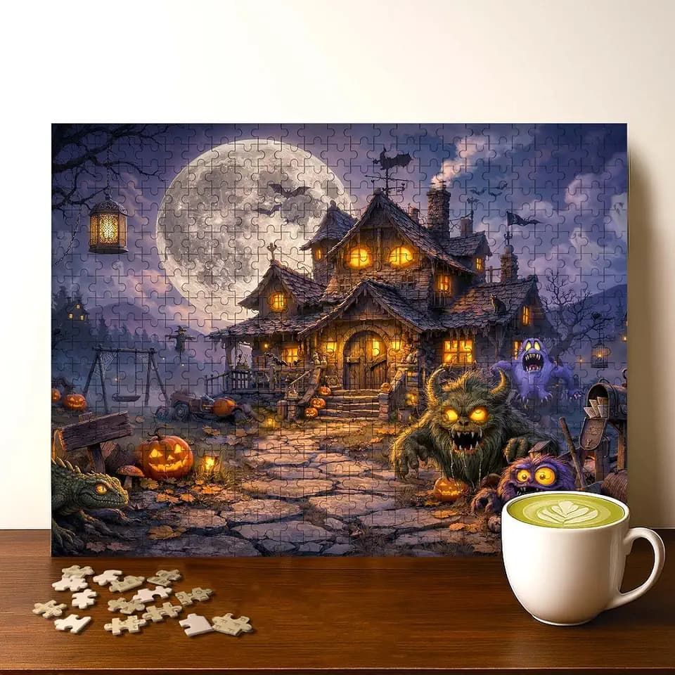 Monster House Full View Jigsaw Puzzle - 500 Pieces Wooden Puzzle for Adults, Wall Art Gift, Finished Size: 20 x 15 Inch