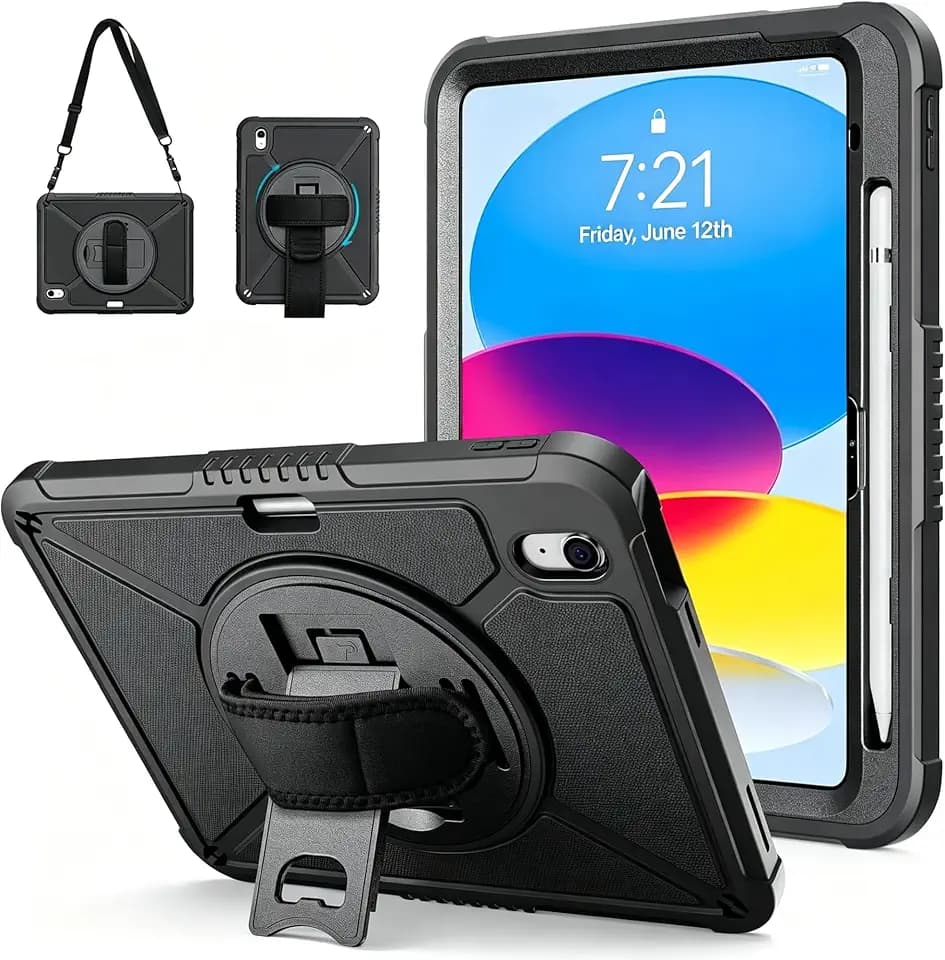 ZtotopCases for iPad (A16) 11th/10th Generation 11''/10.9'' 2025/2022, Heavy Duty Case with Screen Protector & 360°-Rotating Hand Strap, Full-Body Drop Protection Cover, Black