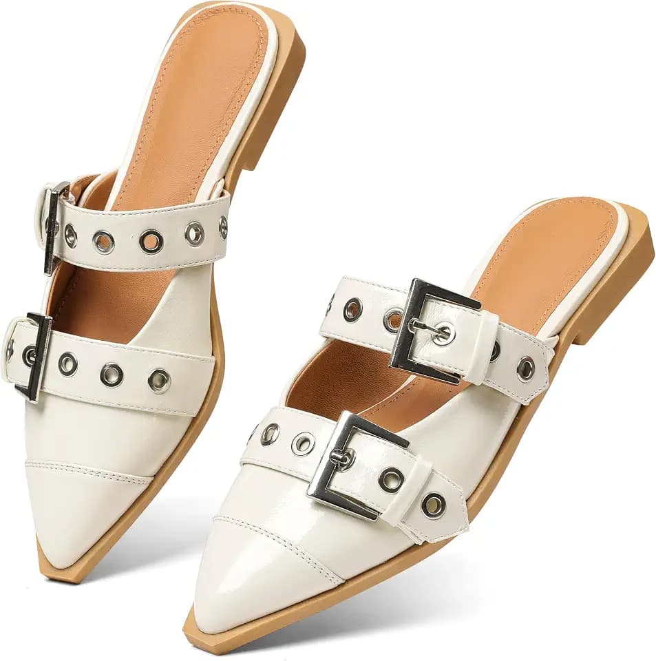 Buckle Flats for Women Pointy Toe Wide Welt Buckled Mules Low Block Heel Slippers Mary Jane Shoes Comfortable Ballerina Flats