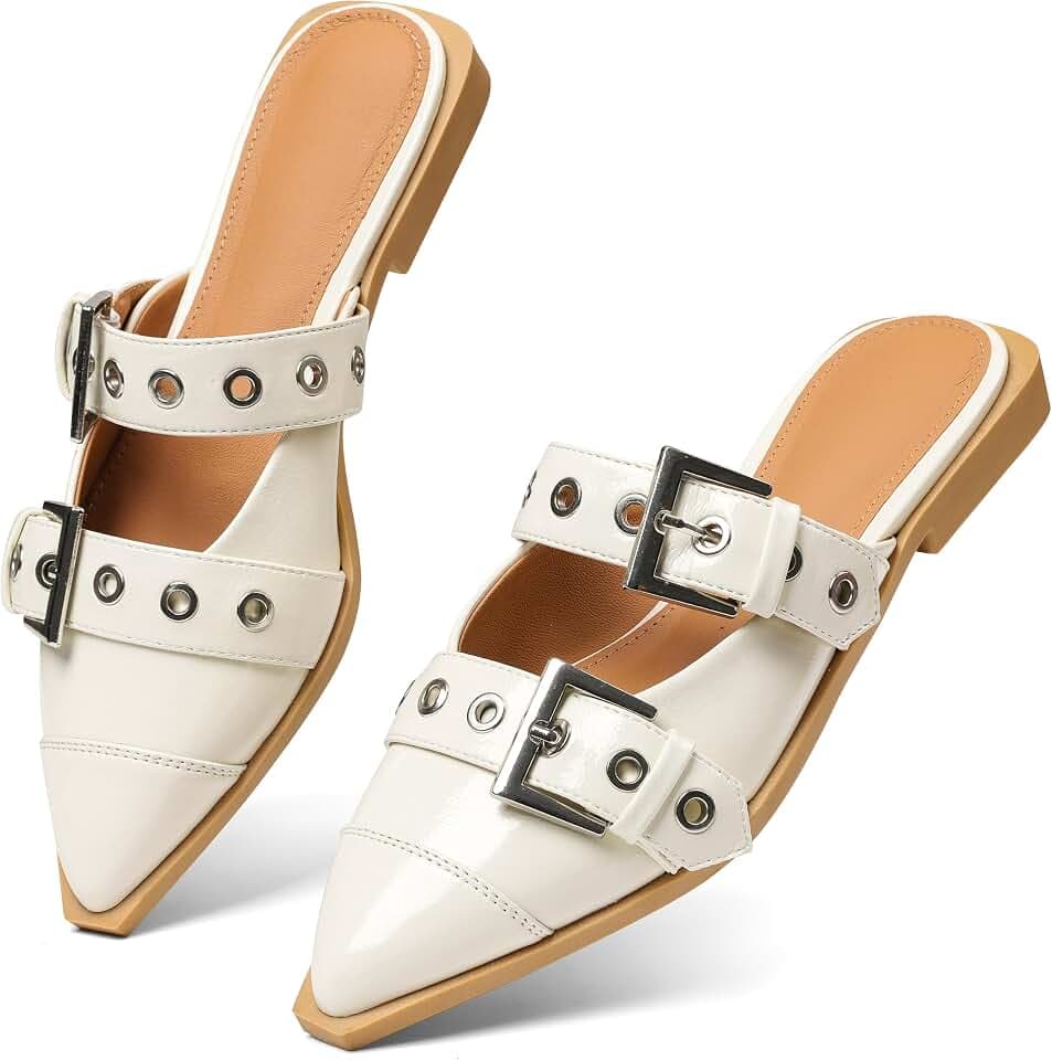 Buckle Flats for Women Pointy Toe Mules Low Block Heel Ballerina Flats