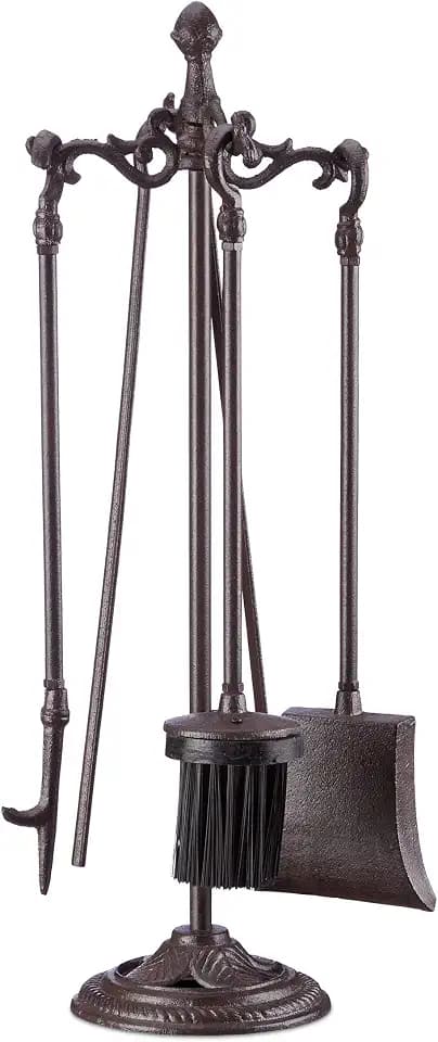 Relaxdays Kaminbesteck 5-teilig, Schaufel, Besen, Schürhaken, Zange, Halter, Kamingarnitur, HxBxT 51 x 18 x 18 cm, braun