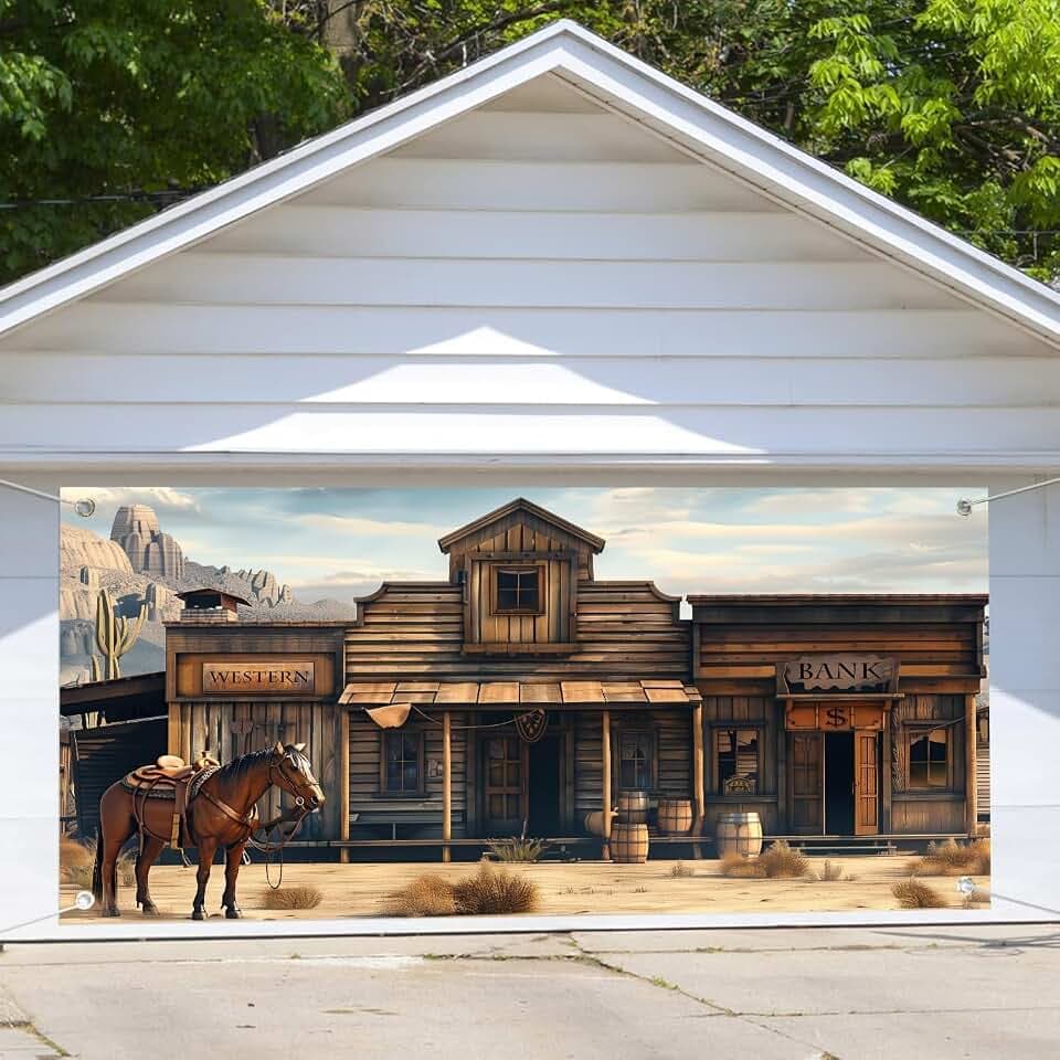 7X16ft Western Cowboy Bank Garage Door Decorations Cover, Vintage Wild West Wooden House Garage Door Background, Old Horse Barn Western Theme Party Outdoor Indoor Yard Decor Supplies