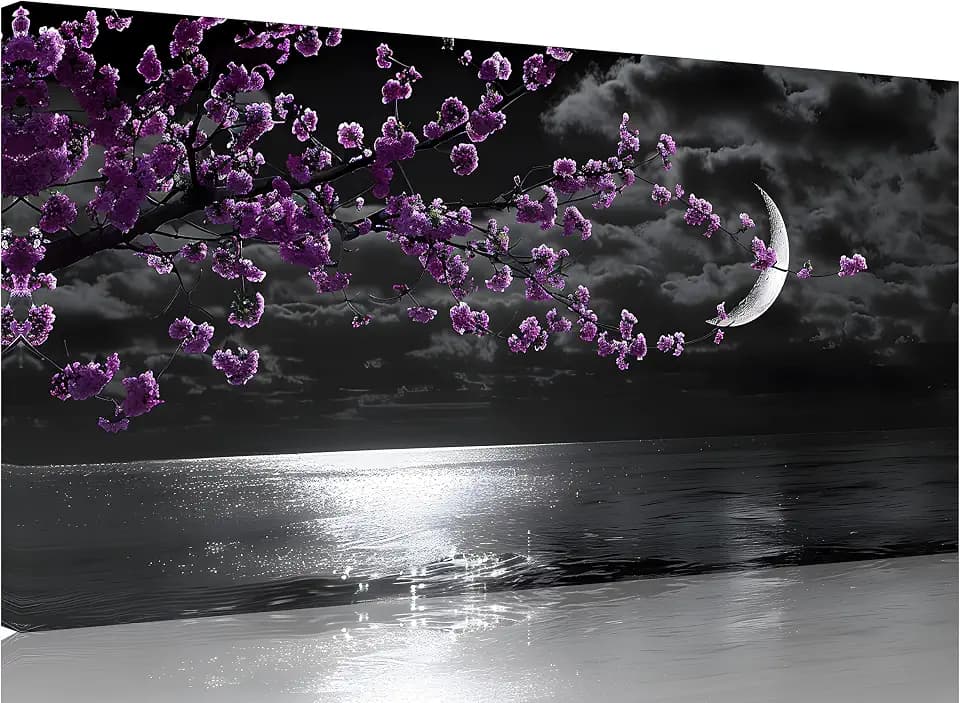 TutuBeer 1 Panel Purple Picture for Bedroom Purple Bedroom Pictures Wall Decor Black and White Seascape Full Moon Purple Flower Print on Canvas for Home Decor Stretched and Framed 8x16 inch
