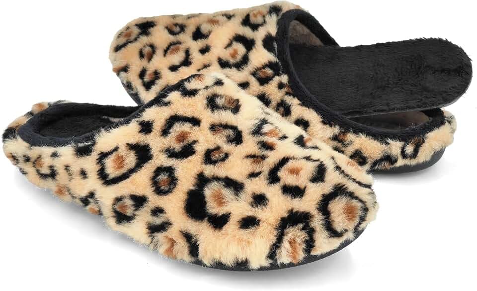 JOMIX Hausschuhe Damen Winter mit Herausnehmbarer Innensohle Pantoletten Warm Gefüttert Plüsch Rutschfeste Leichte Sohle für Zuhause Leopardenmuster Bequeme Mule für Parkett und Fliesen