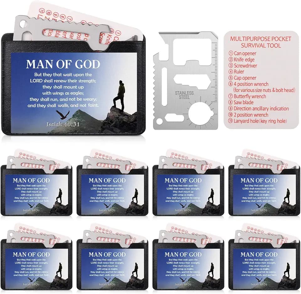 10 Sets Christian Gifts for Men Bulk Man of God Wallet Multi Tool 11 in 1 Multitool Credit Card Bulk Survival Wallet Tool Bible Verse Pocket for Church Prizes Party Favor