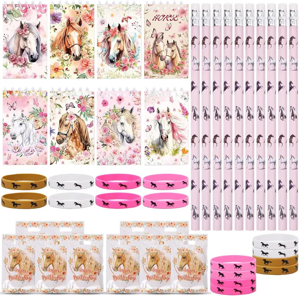 Pferde Mitgebsel Geburtstag, Gastgeschenke Pferdeparty Set | 10 Pferde Bleistiften, 8 Notizbüchern, 10 Geschenktüten und 8 Silikonarmbändern – Ideal als Mitgebsel für Pferdegeburtstag
