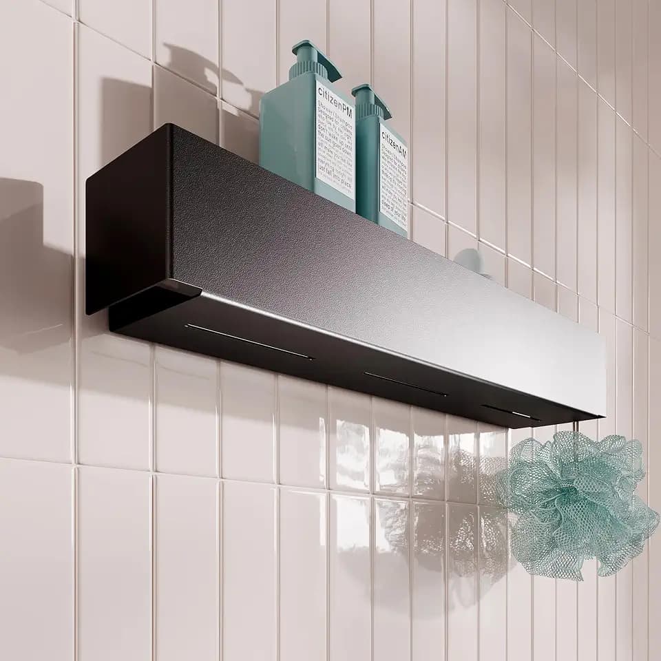 Duschablage Ohne Bohren 50cm Schwarz - Modernes Wandregal für Badezimmer | Bedregal Wand Metall Pulverbeschichtet | Designer Regal | Montage Ohne Bohren oder mit Schrauben | Belastbar bis 12 kg