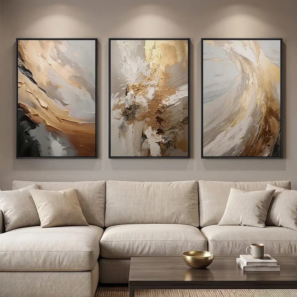 Large Framed Neutral Abstract Wall Art for Living Room, 3 Piece Set, 24x36