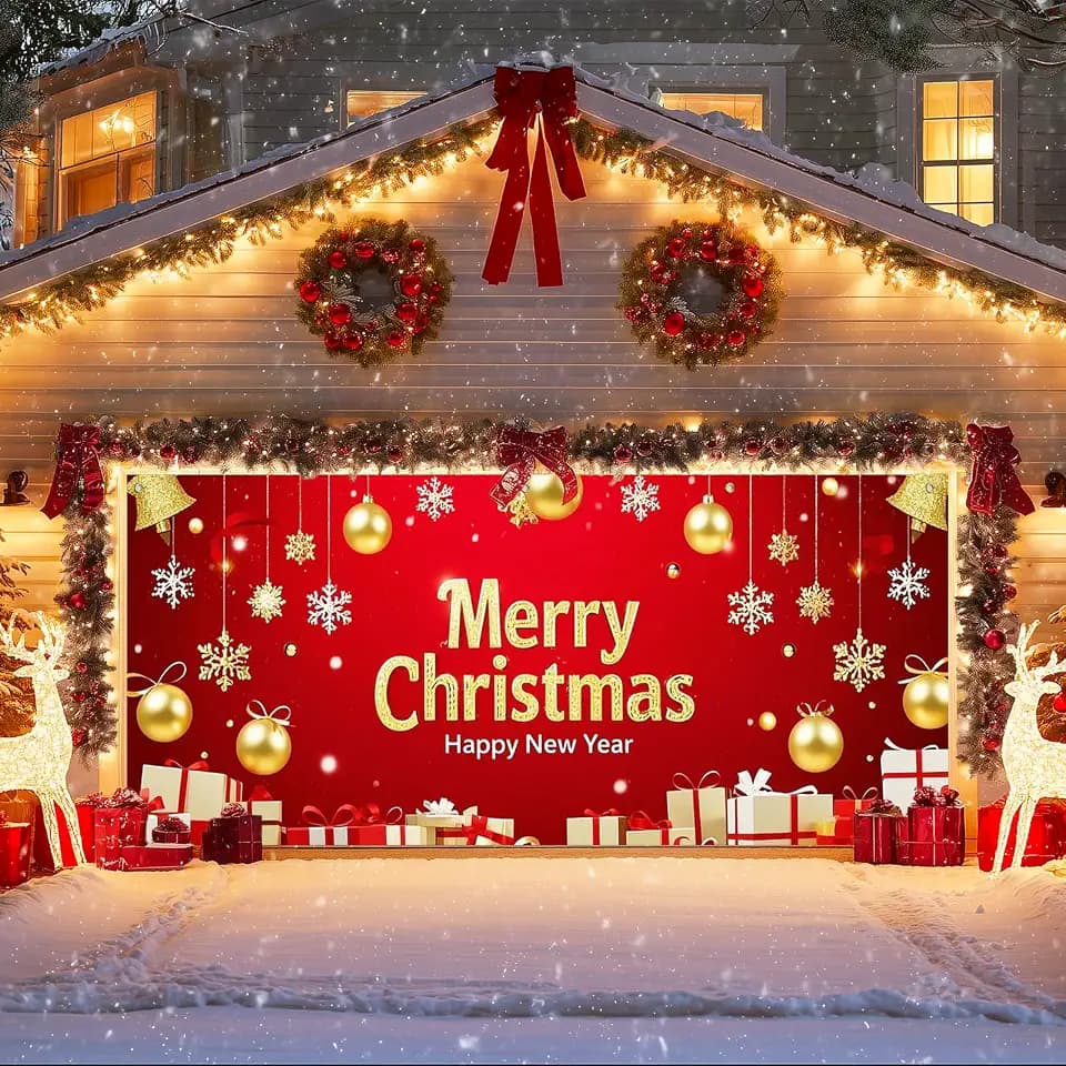 IVN Merry Christmas Garage Door Banner Decoration Gold Ornaments 13x6 ft