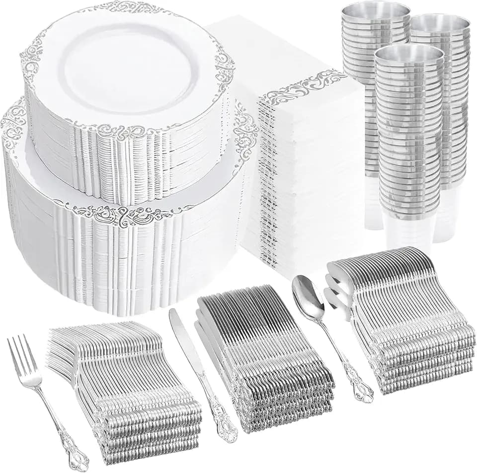 YOUBET 700PCS White and Silver Plastic Dinnerware Set for Wedding Party