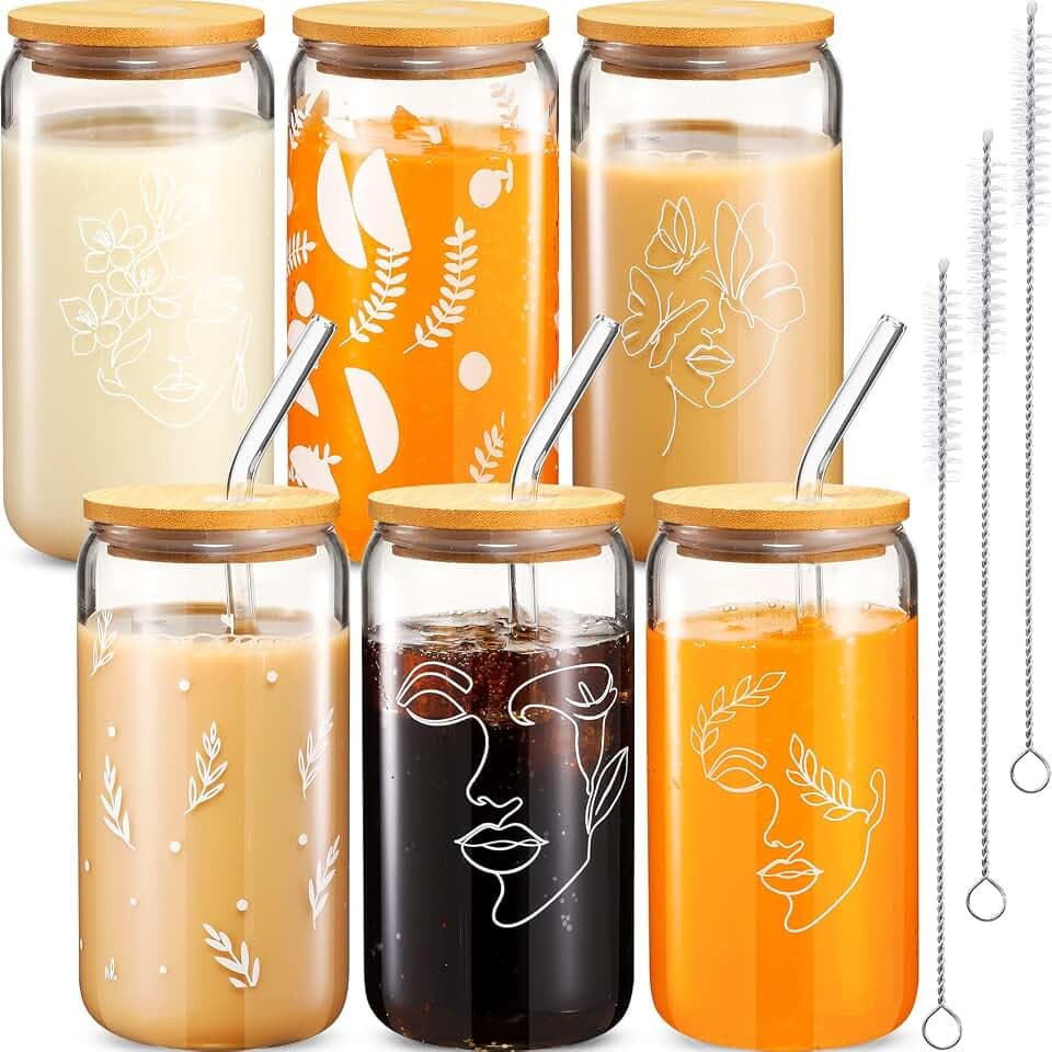 Didaey 6 Pack Floral Iced Glass Cup with Bamboo Lids and Straws 16oz Boho Aesthetic Coffee Cup Gift for Women Flower Drinking Glass Tumbler for Employee Birthday Bridesmaid Party Gifts(Elegant)