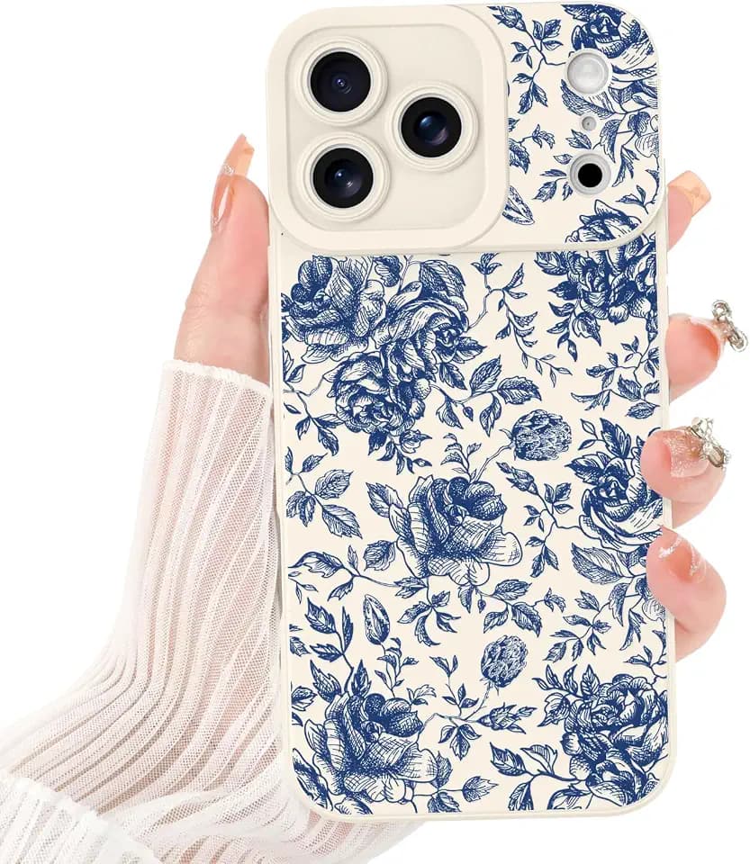 Blue Flowers Case for iPhone 17 Pro, White