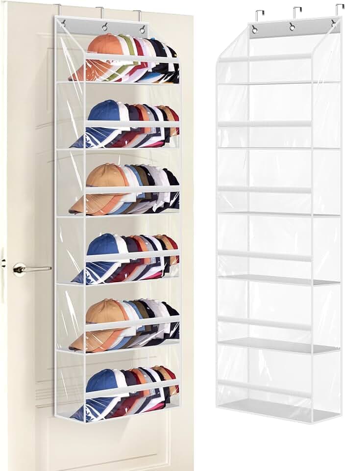 AOODA Clear Over the Door Hat Racks for Baseball Caps, Large Holds up to 72 Caps Hat Storage Organizer for Closet Wall, Deep Pockets Hanging Snapback Holder Shelves with 3 Hooks, White