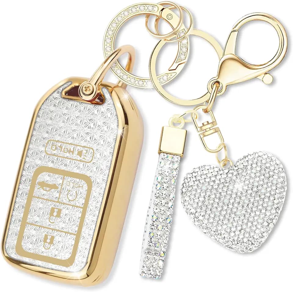Key Fob Cover with Diamond Keychain, Car Key Shell for Women, Compatible with 2016-2022 Honda Accord Civic Pilot Ridgeline Passport Protector (5 Buttons-Gold Heart)