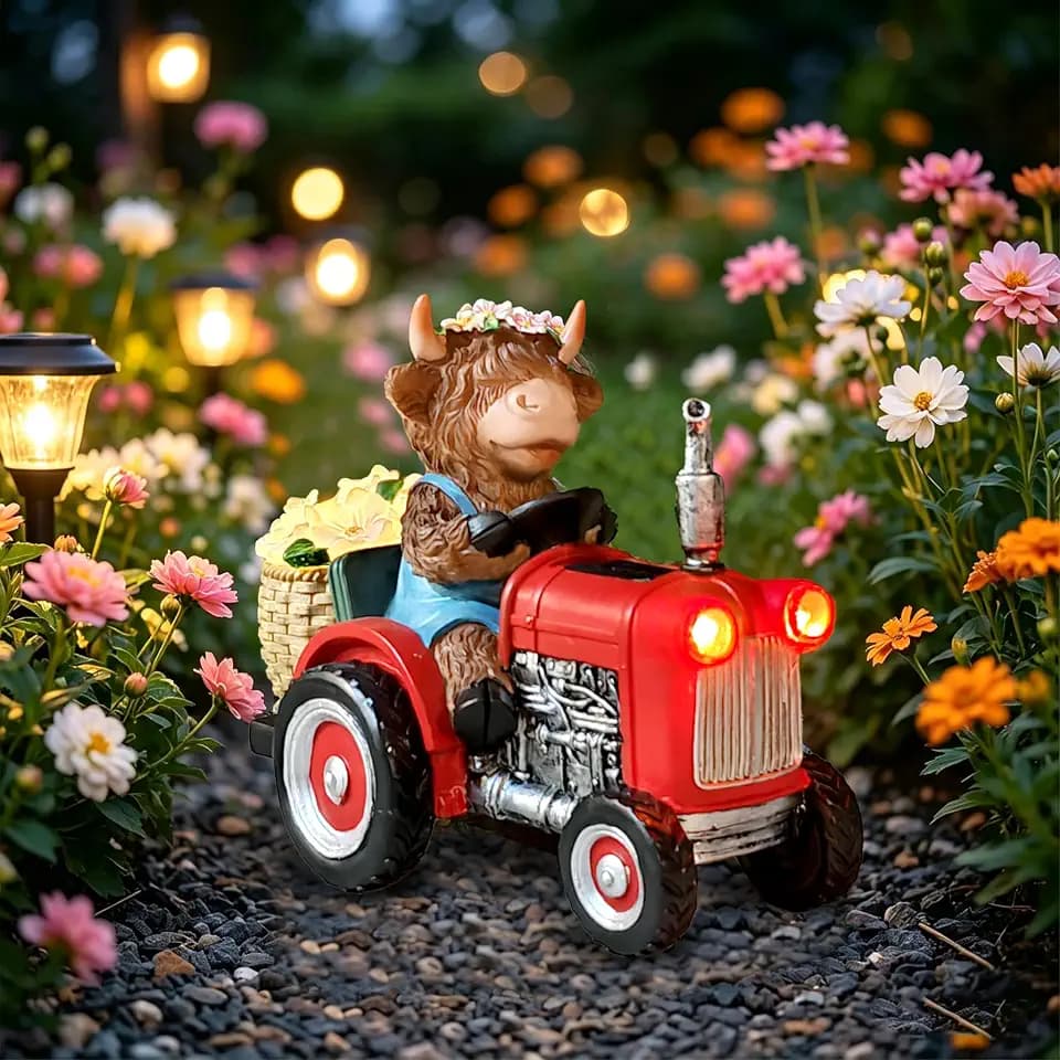 Highland Cow Garden Statue with Solar Light, Farm Animal Decor for Garden, Patio or Lawn, Tractor Riding Outdoor Ornament with Purple Flowers