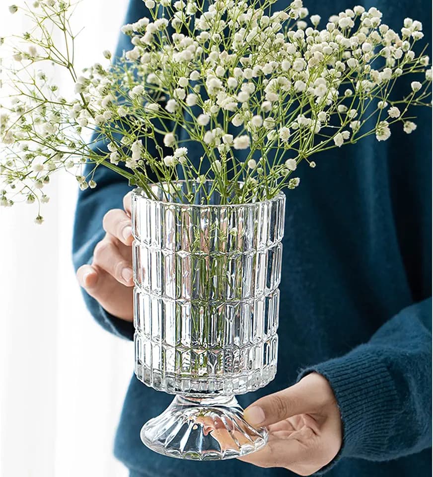 7 Inch Modern Glass Vase with Embossed Ribbed Base - Clear Hydroponic Design for Home Decor, Weddings Party Living Room, Dining Table Floral Arrangement Centerpiece
