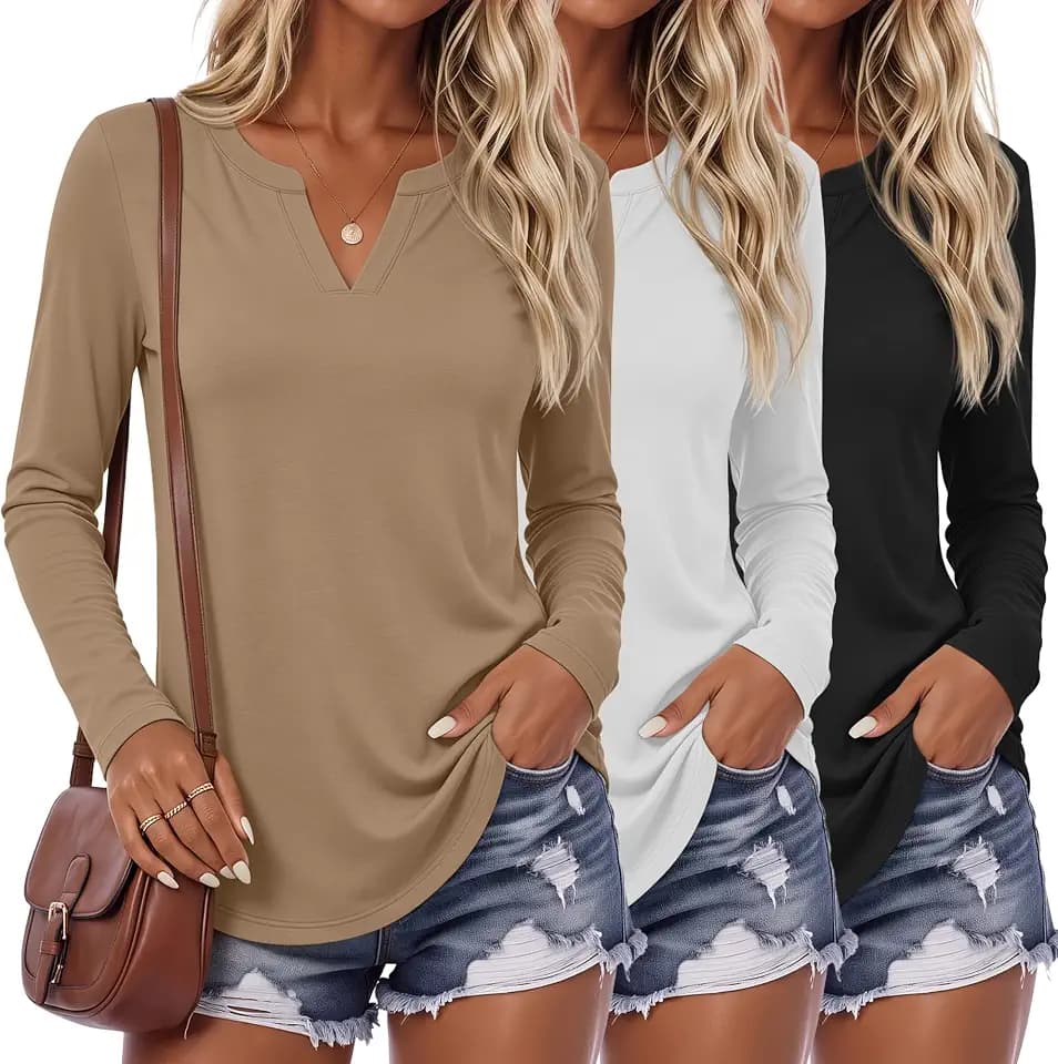 Oakgarden 3 Pack Womens Long Sleeve V Neck Shirts