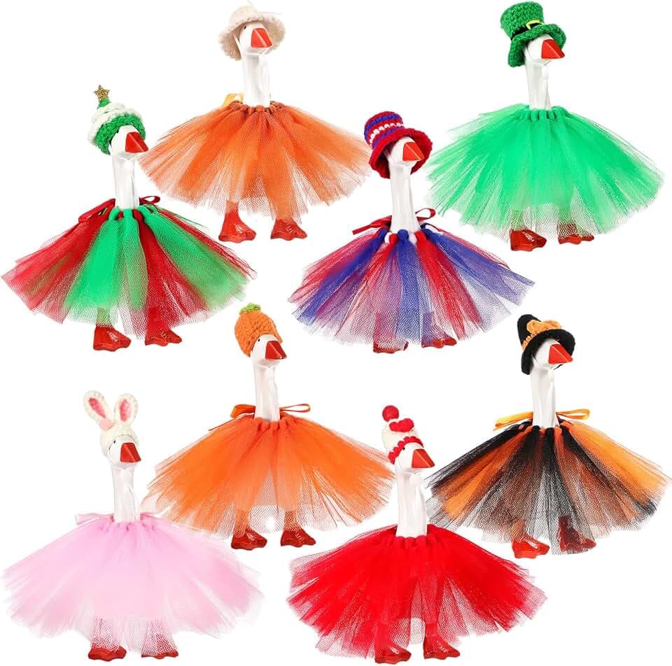 Geyoga 8 Set 7 Inch Mini Holiday Desk Goose Outfits All Seasons Mini Knitting Hat Headwear Tutu Accessory Winter Thanksgiving Christmas Summer Statue Costumes for Magnetic Goose