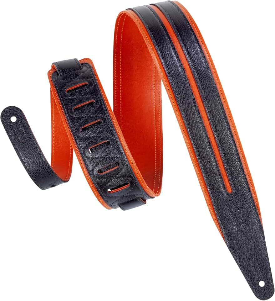 Levy's Leathers 2.5" Garment Leather Guitar Strap Double Racing Stripe Design, Black and Orange (MG317DRS-ORG_BLK)