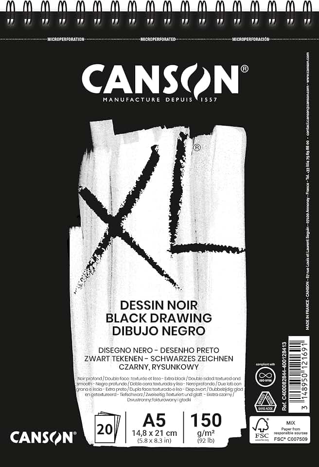 CANSON XL Dessin Noir, Schwarzer Zeichenblock, DIN A5, 20 Blatt, 150 g/m²