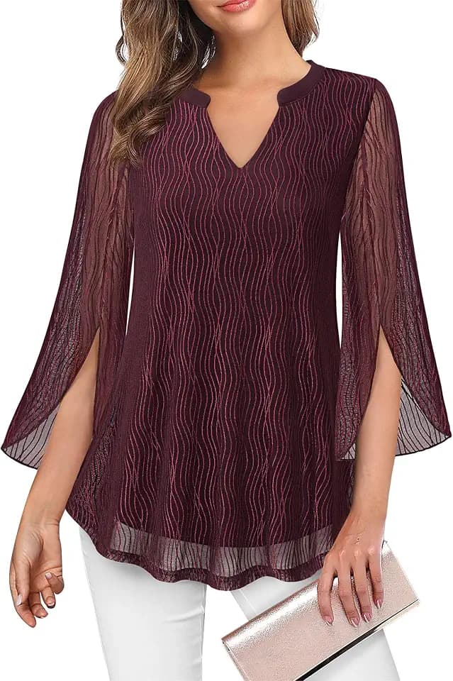 VALOLIA Women's 3/4 Sleeve Floral Tunic Tops V Neck Double Layers Loose Fit Mesh Blouses Shirt