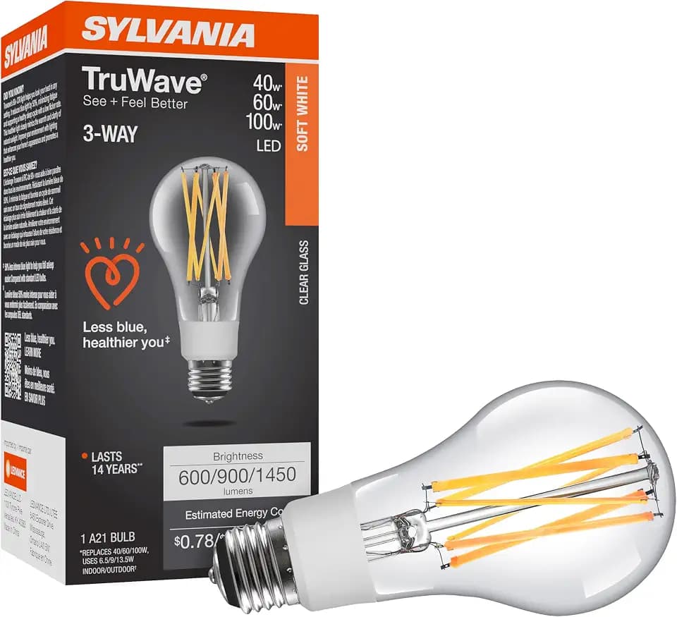Sylvania LED TruWave Natural Series 3-Way A21 Light Bulb, 40/60/100W Equivalent Efficient 6.5/9/13.5W, Medium Base, Clear, 2700K, Soft White - 1 Pack (40769)