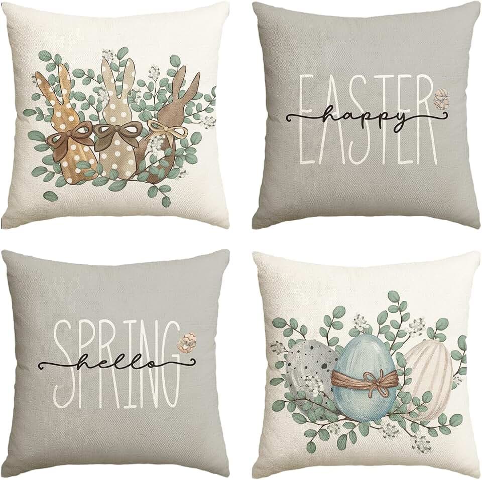 Artoid Mode Eukalyptus Blätter Kaninchen Ostereier Ostern Kissenbezüge 4er Set, 40x40 cm Frühling Happy Easter Zierkissenbezug Couch Wohnzimmer Deko