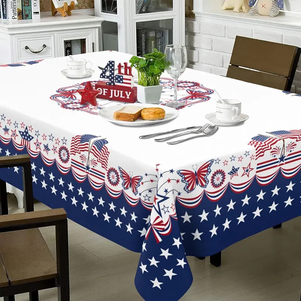 4th of July Tablecloth American Flag and Star Table Cloths 60x102 Inch, Red, White and Blue Patriotic Tablecloths for Dining, Kitchen, Picnic and Patio-Rectangle