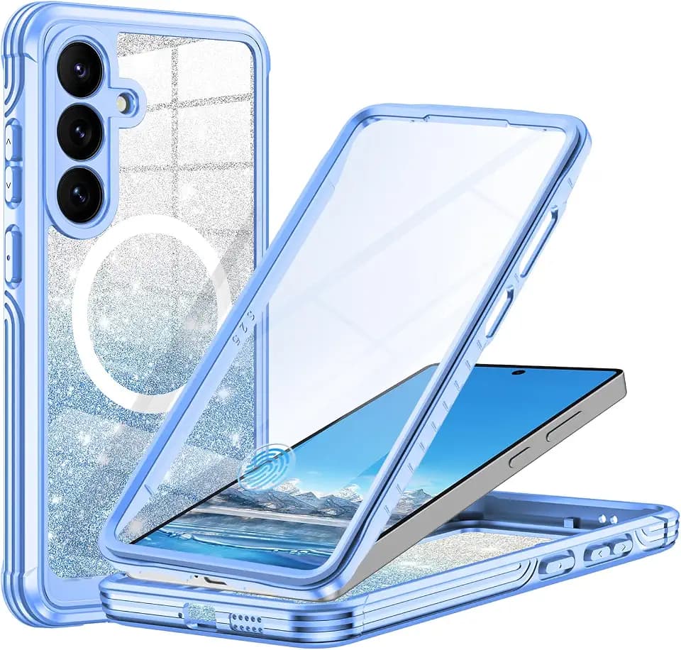 for Galaxy S25 Case,Compatible with MagSafe,Magnetic Glitter Case Built-in 9H Tempered Glass Screen Protector,Shockproof Protective Case for Samsung Galaxy S25,Blue