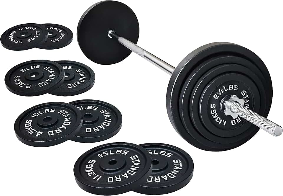 Fitvids Barbell Weight Set, Cast Iron 1" Standard Weight Plates Including 5FT Standard Barbell Bar & Star Locks, 95 Pounds Set (85 Lbs Plates + 10 Lbs Barbell Bar), Multiple Packages