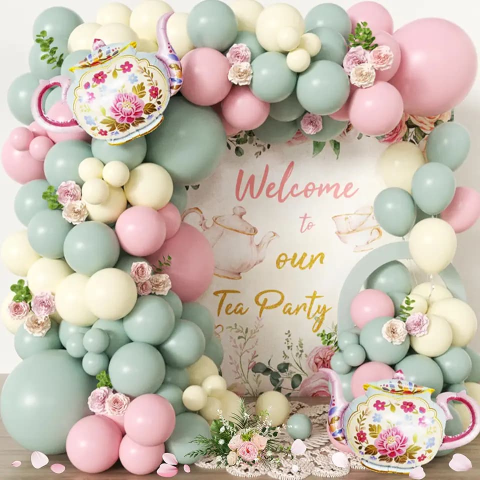 102pcs Tea Party Decorations Balloon Garland Arch Kit with 2 Giant Floral Teapot Foil Balloons, 18/12/10/5 Inch Sage Green Dusty Pink Cream Latex for Girls Birthday,Garden Bridal Shower