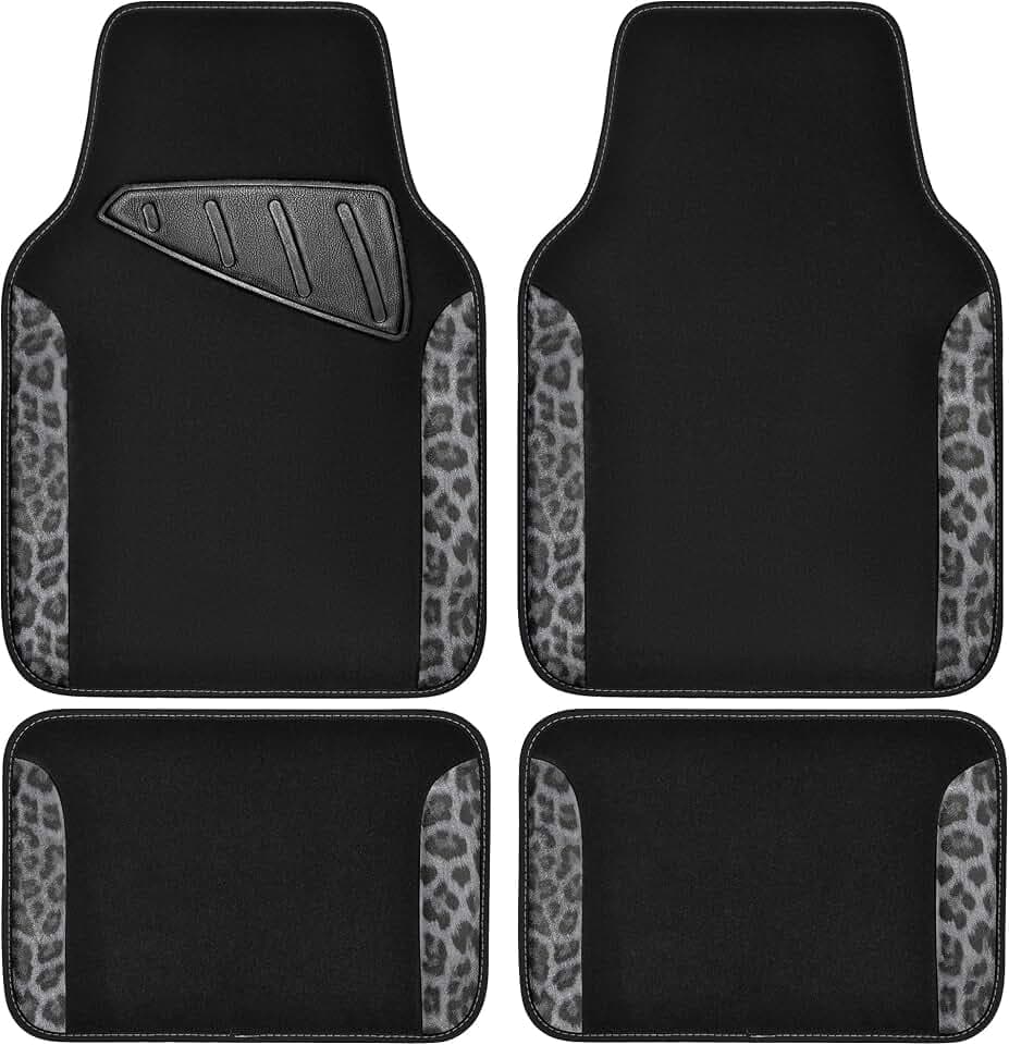 CAR PASS Waterproof Universal Car Floor Mats, Leopard Print Car Mats Fit for SUV,Vans,sedans, Trucks,Set of 4pcs Car Carpet with Driver Heel Pad and Nibs Backing, Leopard Car Accessories Gray Leopard