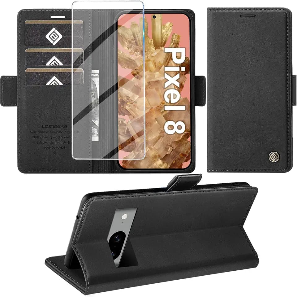 Giyer für Google Pixel 8 Hülle mit Displayschutzfolie, Handyhülle Pixel 8 5G Premium PU Leder Wallet Klapphülle Standfunktion Kartenfach Schutzhülle für Google 8 Lederhülle Flip Case Cover (Schwarz)