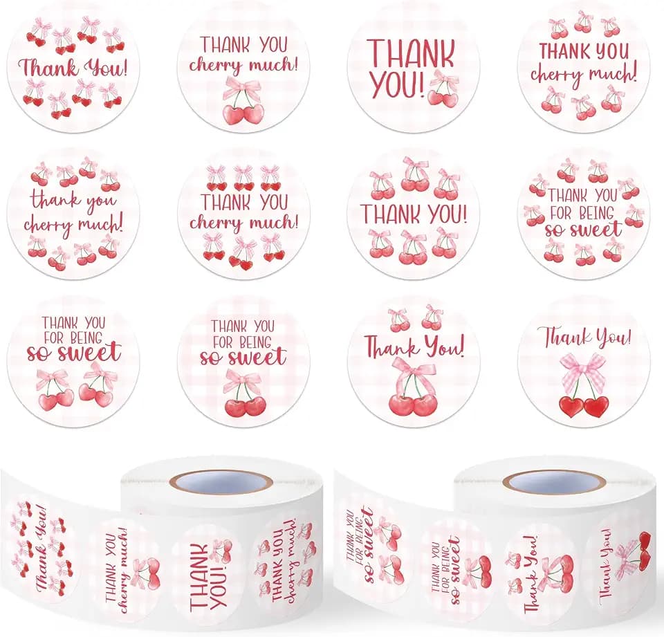 Thank You Sticker Roll - 1000 Pcs Coquette Pink Bow Cherry Waterproof Vinyl Reusable Laptop Sticker DIY Book Scrapbook Water Bottle Page Activity Pad Party Favors Skateboard Gift Wrapping