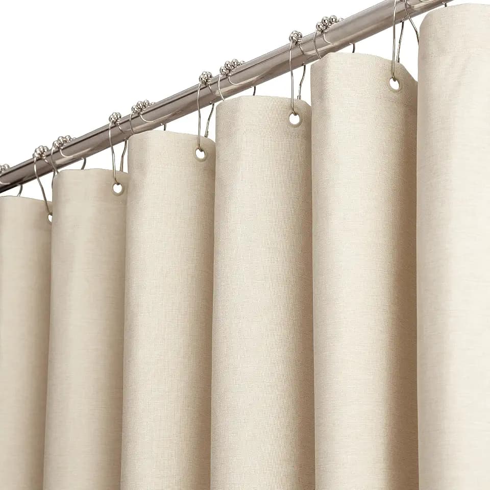 BTTN Duschvorhang Stoff 120x200 cm schmale Leinenoptik, Beige/Creme | 8 Plastikhaken, Rückseitig Laminiert Wasserdicht, Leinenoptik, Anti-Schimmel, Beschwerter Saum, Maschinenwaschbar Polyester