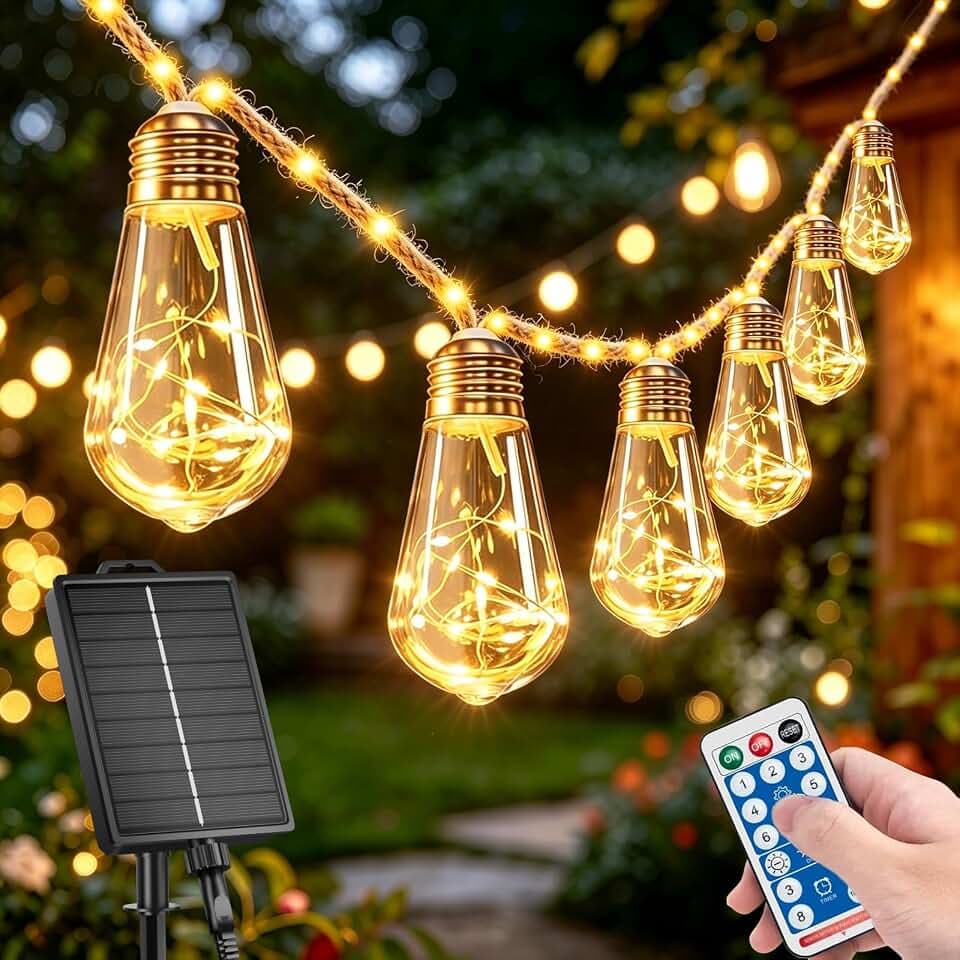Solar Lichterkette Aussen 10M 15 Glühbirnen Vintage Hanfseil Lichterkette Außen Wetterfest mit 56 LEDs Warmweiß 8 Modi Solarlichterketten Outdoor für Terrasse Garten Haus Hof Patio Party Hochzeit Deko