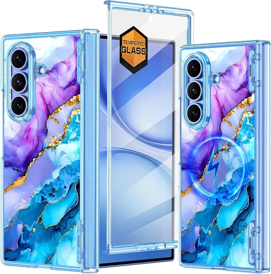Meshine for Galaxy Z Fold 7 Case Magnetic,[Compatible with MagSafe][Hinge Protection][Built-in Screen Protector],Shockproof Women Girls Hard Case for Samsung Galaxy Z Fold 7(2025),Blue Marble