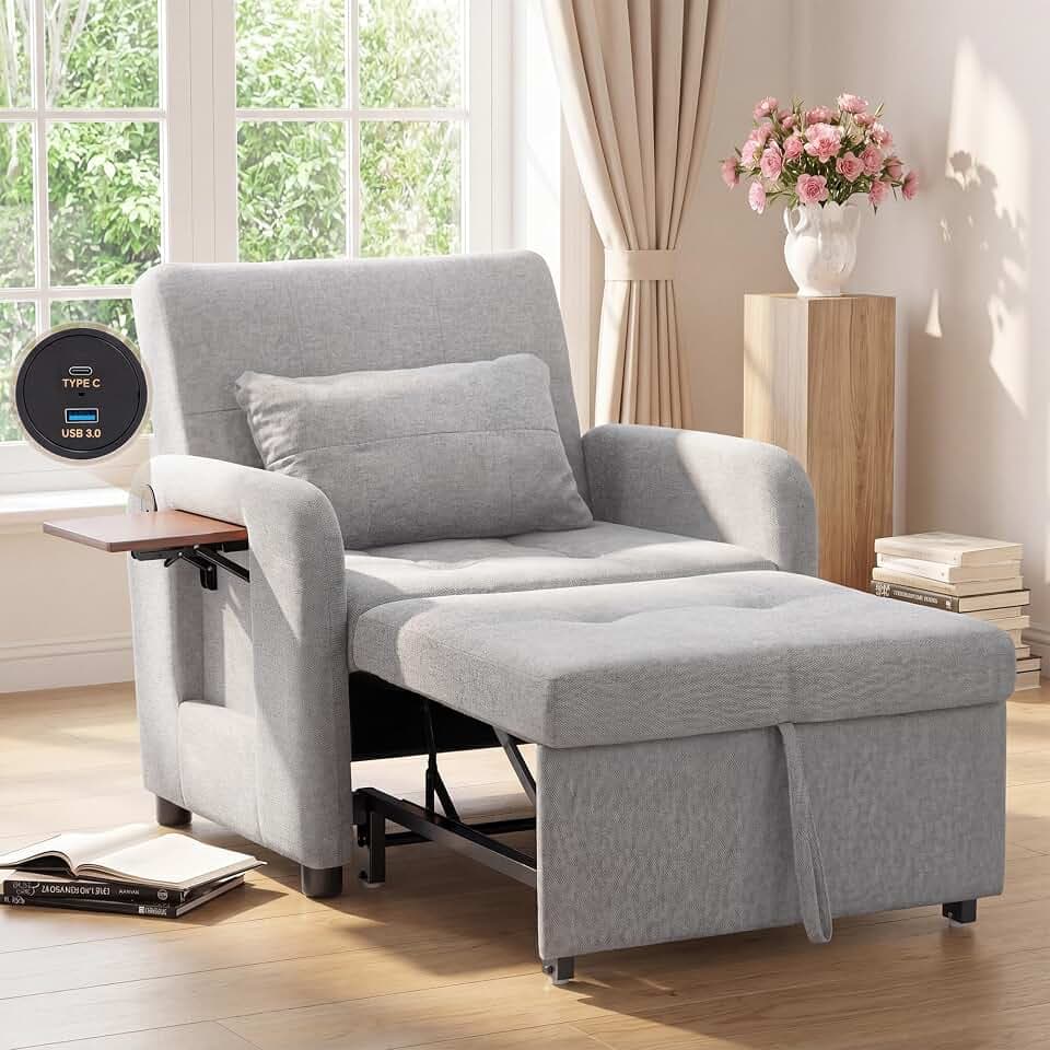COLAMY Verwandelbarer Schlafsessel Stoff Futon Sofa Bett, Einzel Schlafsofa mit USB Anschluss, klappbarem Tisch, Kissen und Verstellbarer Rückenlehne für Wohnheim, Schlafzimmer, Hellgrau