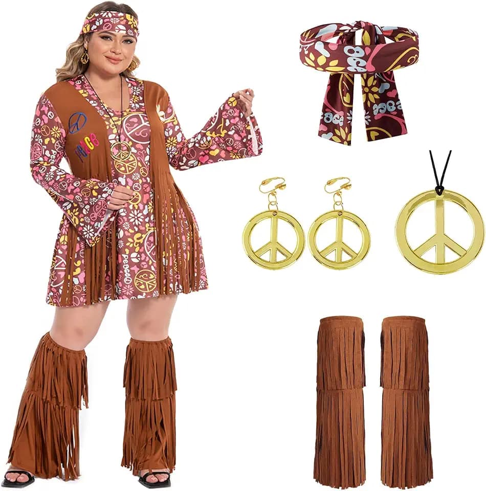 Fairycece 70s Outfits for Women Plus Size, 5 Piece Hippie Costume Set