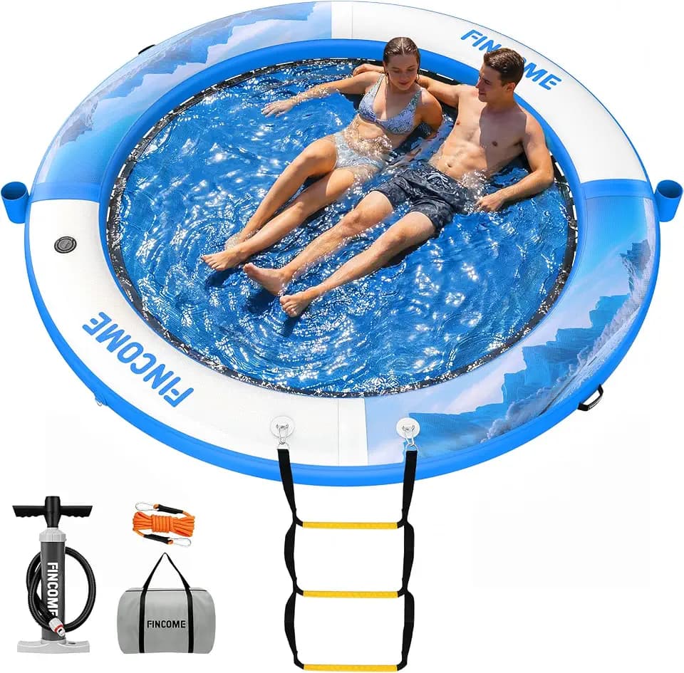 Inflatable Water Hammock Floating Dock, 8FT Round Floating Ring with Water Ladder and Cup Holder, Inflatable Dock Floating Platform Island Raft Tanning Pool Float for Lake Beach-Light Blue