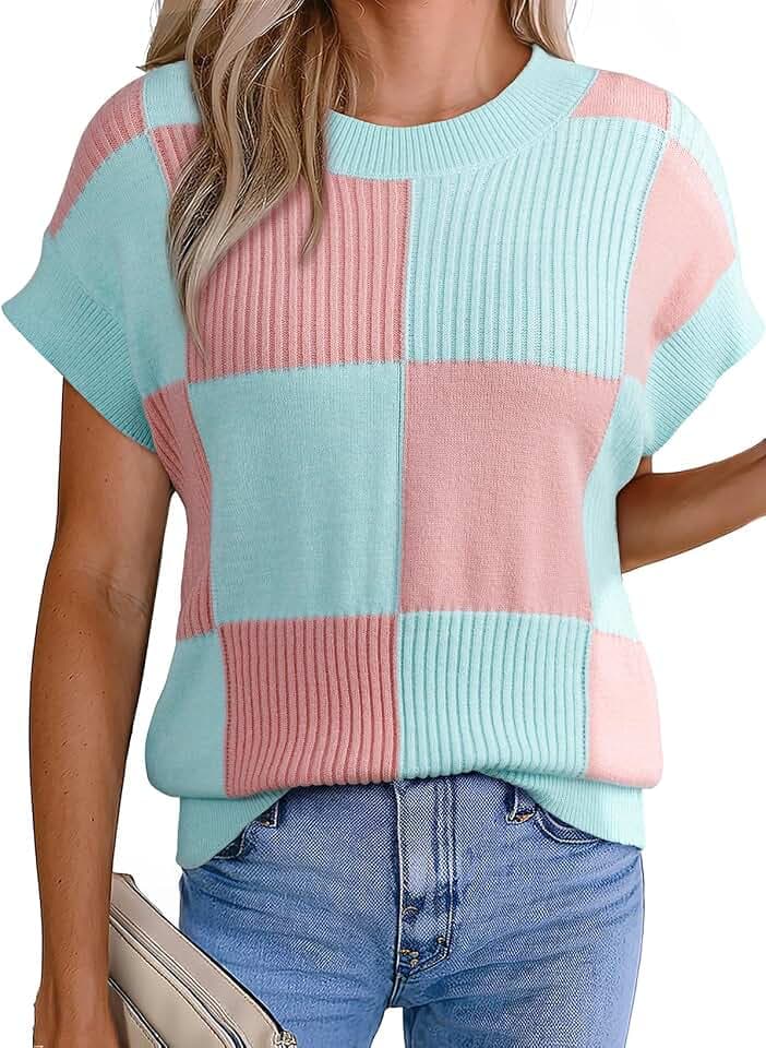 EVALESS Short Sleeve Sweater for Women Color Block Checkered Knit Tank Top