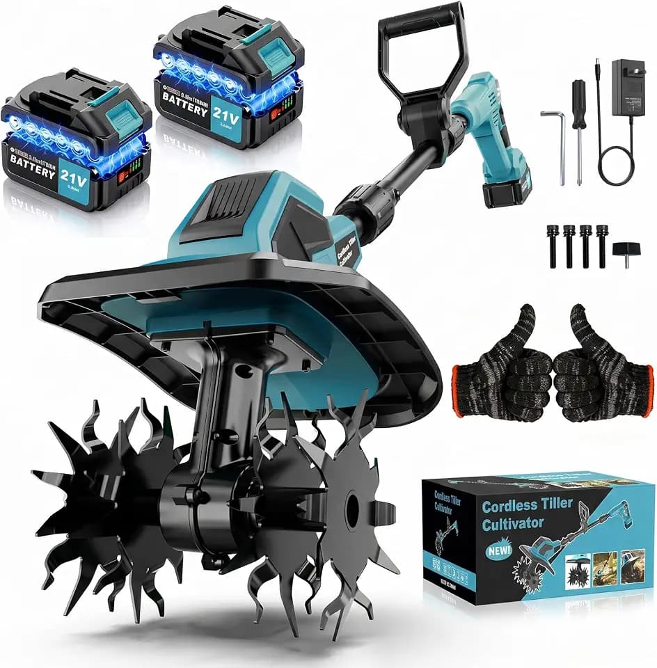 21V Cordless Tiller Cultivator, 360RPM Electric Garden Rototiller with 6000mAh Battery, 9In Tilling Width 6.6In Depth, Battery Powered Soil Cultivator for Garden Lawn Yard Planting