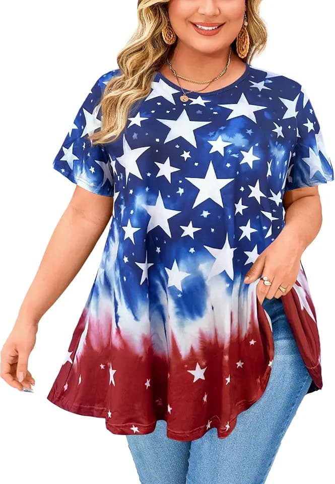 Tunic Tops for Women Plus Size Short Sleeve Crew Neck Swing Flare Loose T-Shirt Blouses to Wear with Leggings
