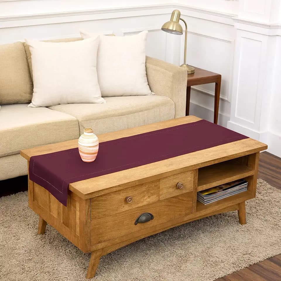 Solino Home Cotton Linen Table Runner Wine, Hemstitch Collection 14 x 48 in