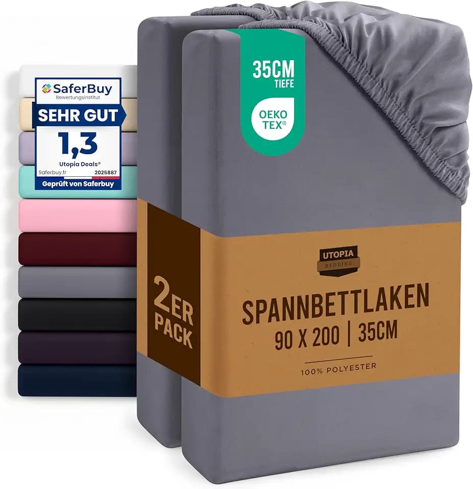 Utopia Bedding - 2er Set Spannbettlaken 90x200cm - Grau - Gebürstete Mikrofaser Spannbetttuch - 35 cm Tiefe Tasche