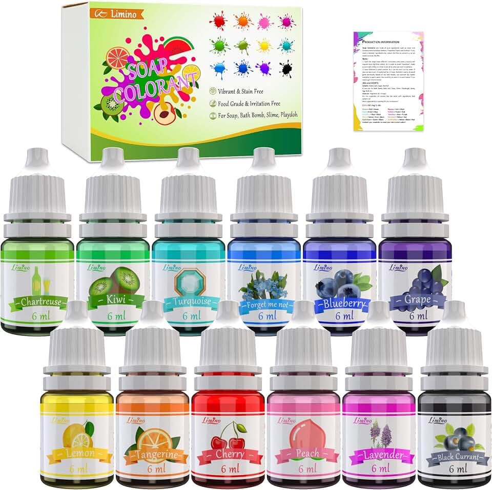Limino 12 Color Bath Bomb Soap Dye - Skin Safe, Food Grade Coloring for Soap Making Supplies, DIY Bath Bomb Supplies Kit, Slime, Crafts - with Instructions