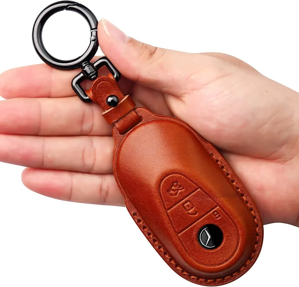Tukellen for Mercedes Benz Leather Key Fob Cover with Keychain Compatible with 2021-2026 S-Class 2022-2026 C-Class SL-Class EQS 2024-2026 E-Class GLS 2023-2026 GLC EQE Genuine Leather Key case-Brown