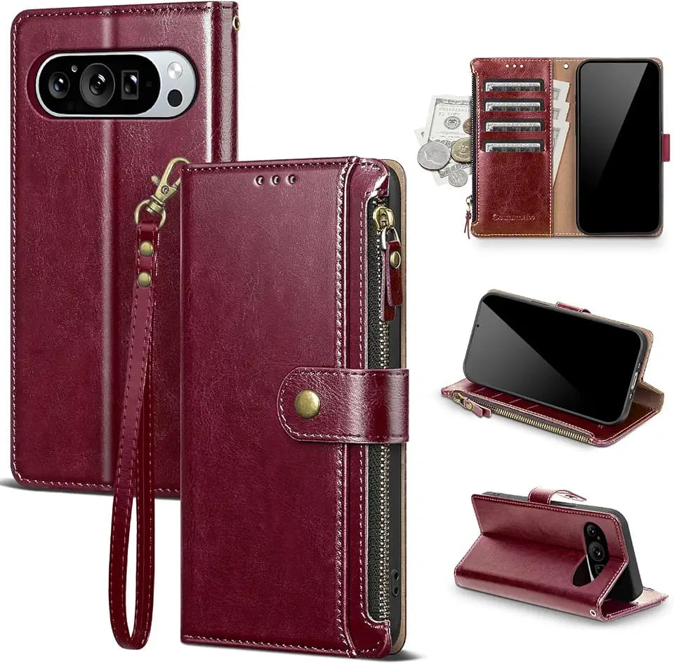 Compatible with Goole Pixel 10 5G Wallet Case with Card Holder,RFID Blocking Zipper Poket PU Leather Flip Cover Wrist Strap Credit Card Slots Men Women,Phone Case for 10 Pro 6.3",Wine Red